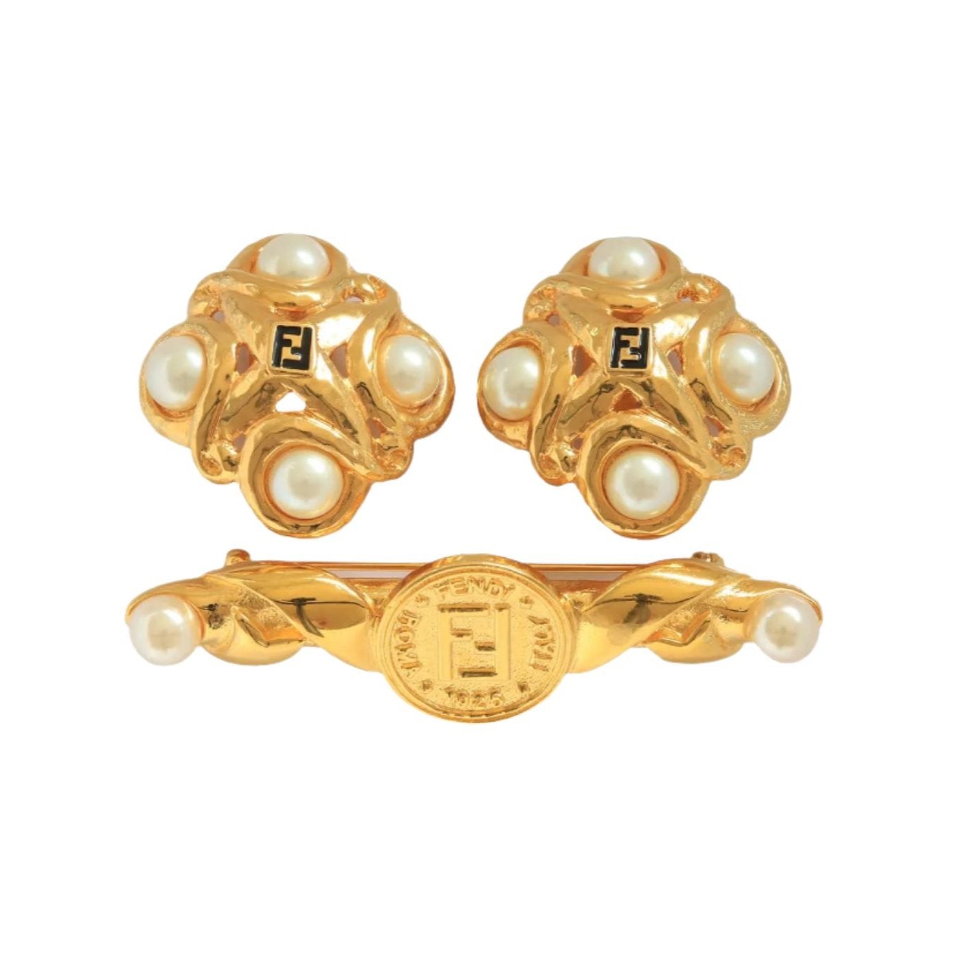 Vintage Fendi Clip-On Earrings and Brooch Set